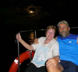 Trip - The Moon, Di and Joe on a water taxi off Corfu